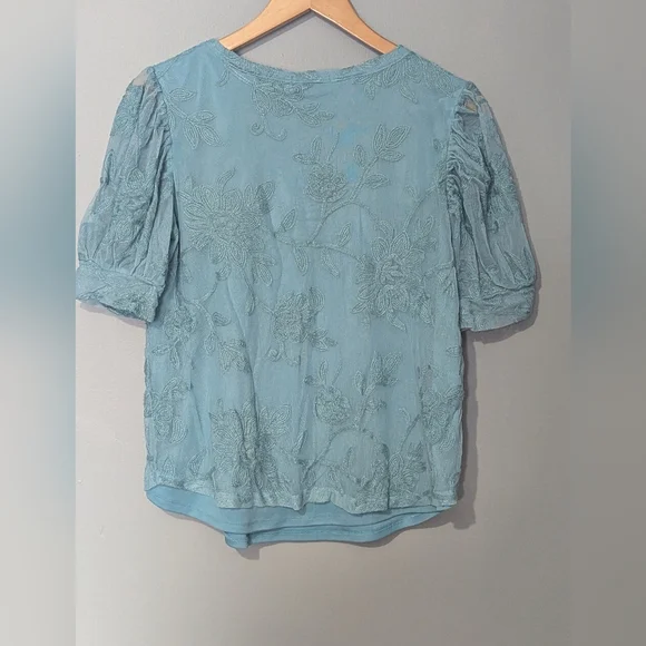 Kim & Cami Los Angeles Women's Large Blue Embroidered Mesh Short Puff Sleeve Top - Picture 8 of 9